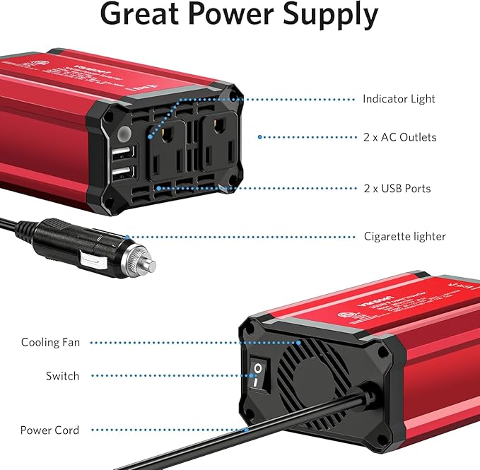 300w Power Inverter DC 12V to AC 110V - vansoet Car Plug Adapter Outlet with 3.4A Dual USB Fast Charging Port - Car Charger Cigarette Lighter Adapter for Phone, Laptop on Road Trip, Aluminum Housing