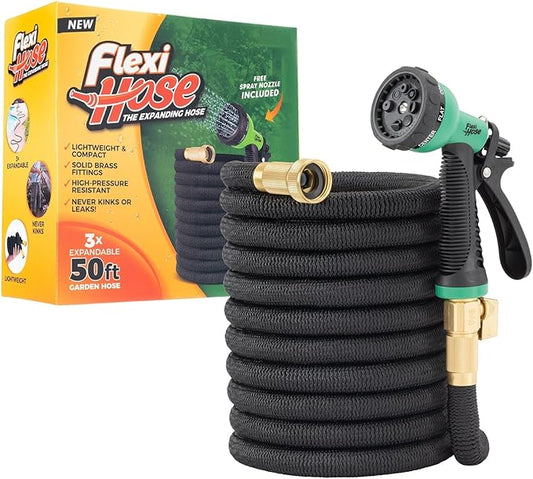 Flexi Hose Lightweight Garden Hose, 50FT - Expandable Hose with 8 Function Nozzle, No-Kink Flexibility, 3/4 Inch Solid Brass Fittings and Double Latex Core