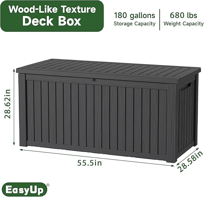 EasyUp 180 Gallon Outdoor Storage Box Waterproof, UV Resistant Resin Deck Box with Hydraulic Rod, Reinforced Stability for Patio, Garden, and Pool, Striped Black