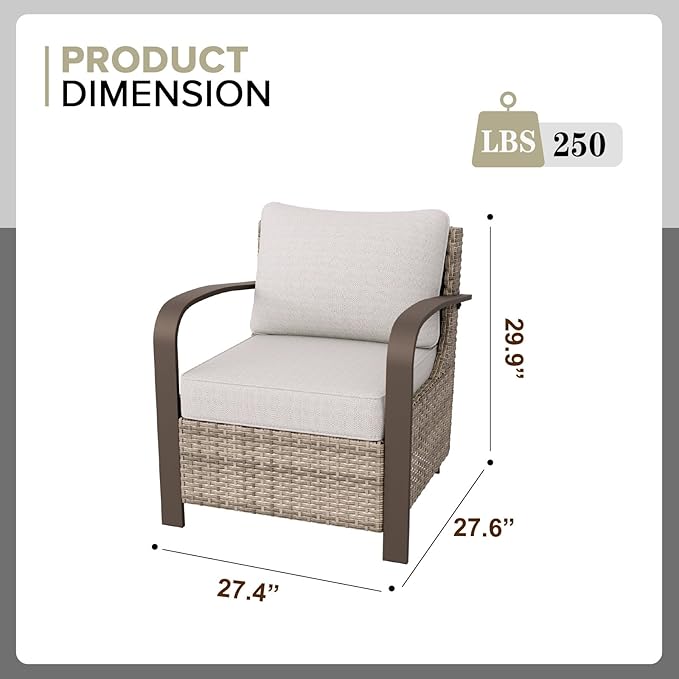 COOS BAY Aurora Terrace Outdoor Chairs with Cushions, Wicker Dining Set with Deep 4-Inch Seating, Modern Curved Armrest Porch Chairs, Set of 1, Beige/Beige