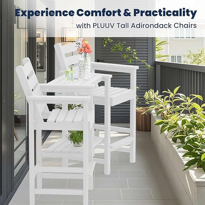 Tall Adirondack Chairs Set of 2, All Weather HDPE Poly Bar Height Balcony Adirondack Chair with Removable Double Connecting Trays, Outdoor Adirondack Barstools for Deck, Patio, Yard, Pool, Lawn