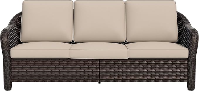 Vista Vibe 78" Patio Wicker 3-seat Sofa, Deep Seat Loveseat, Outdoor All-Weather Rattan Couch with Removable Cushions, Steel Frame Couch for Garden, Poolside (Beige)