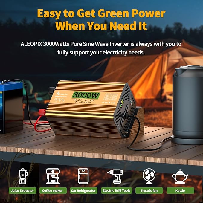 3000 Watt Inverter 12V DC to 110V/120V AC, Pure Sine Wave Inverter for Truck/RV/Home/Solar/Off-Grid, Surge 6000W Pure Sine Power with 3 AC Sockets, 5V 3.4A USB, Digital Display, Remote Controller