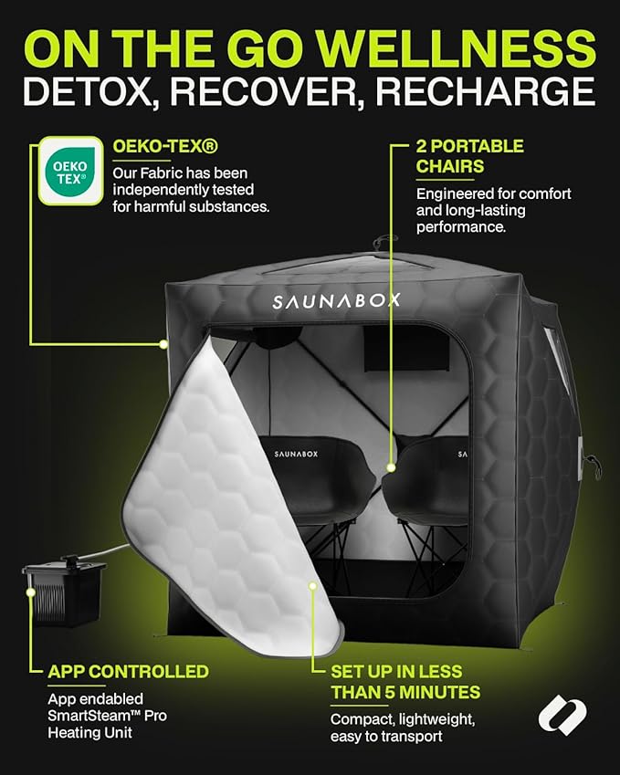 SAUNABOX XL 2 Person Steam Sauna Tent | Portable Home Sauna Box for Indoor & Outdoor Use | Bluetooth SmartSteam Control | Compact, Quick-Setup & Hygienic for Detox, Relaxation & Recovery