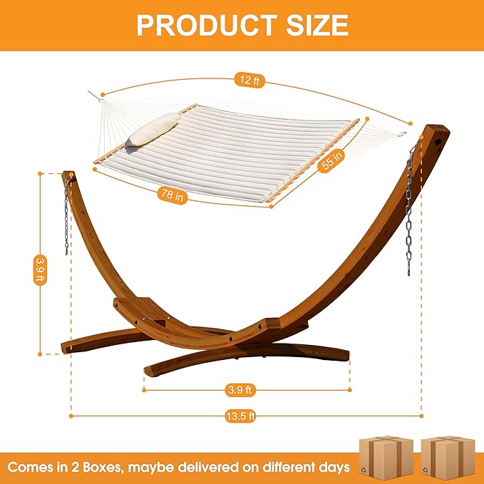 Lazy Daze Hammocks 12 FT Double Quilted Fabric Hammock and 13 FT Brown Wood Arc Stand, with Spreader Bar, Removable Pillow, 2 Person Hammock for Outdoor Patio Poolside, 450 lb Capacity, Brown