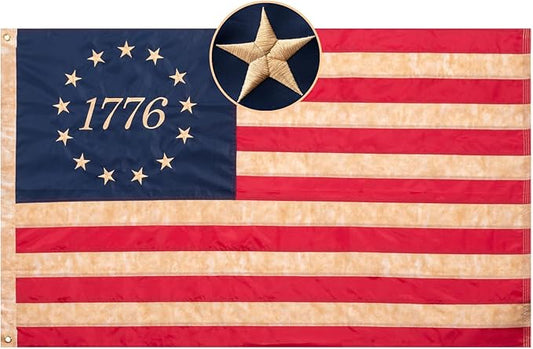 Homissor 1776 Betsy Ross Flag 3x5 Feet Tea-Stained Vintage American Flags Heavy Duty Outdoor Embroidered 13 Star Colonies 1776 Banner for Outside