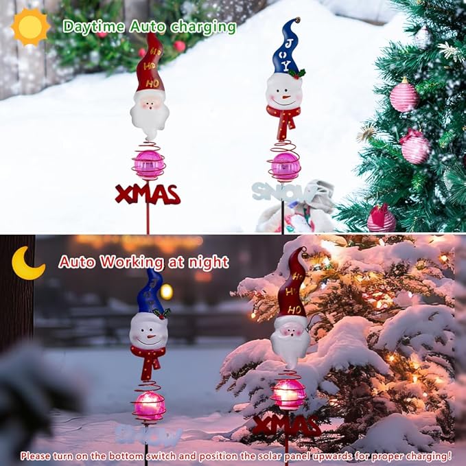 Solar Christmas Decorations Outdoor,2 Pack Snowman＆Santa Claus Xmas Pathways Lights,Christmas Solar Garden Stake Lights for Outside Lawn Patio Landscape
