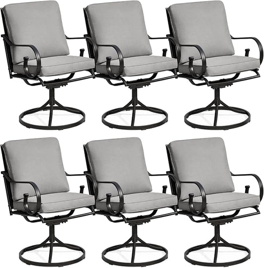 MELLCOM Patio Swivel Chair Set of 6, Heavy Duty Outdoor Dining Chairs with Thickened Cushions, Metal Patio Chairs Gentle Rocker for Outside, Garden Lawn & Porch, Backyard, Grey