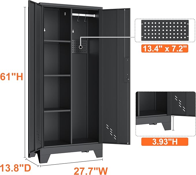Storage Cabinet 61" H, Metal Outdoor Sheds with Shelves for Tools Storage, Cleaning Supplies Closet with Removable Pegboard for Outdoor, Garage, Utility Room