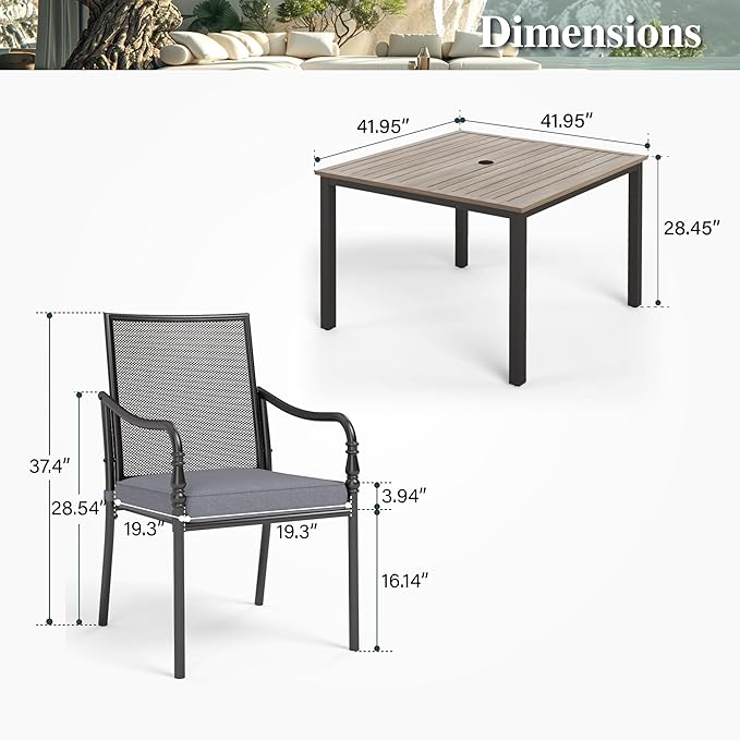 HERA'S HOUSE Metal Patio Table and Chairs Set for 4, Outdoor Dining Set 5 Pieces, 42" Square Faux Wood-Grain Table with Armrest Chairs for Garden Backyard with 1.57" Umbrella Hole