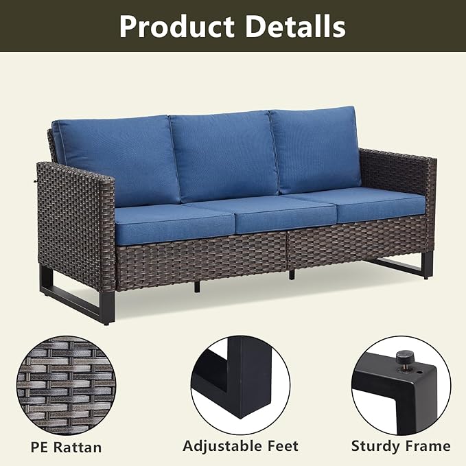 Rilyson Wicker Outdoor Patio Furniture Set - 6 Piece Patio Conversation Set with 2 Armrest Chairs,2 Rattan Ottoman,1 Couch and 1 Metal Side Table for Outside Porch Deck Backyard(Brown/Blue)