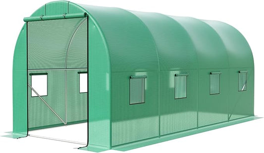 15X7x7 Ft Walk-in Tunnel Greenhouse for Outdoor Gardening - Heavy Duty Galvanized Steel Hoop House with Green PE Cover, Roll-Up Zipper Door & 8 Vent Windows, Garden Plant Protection for Winter Use