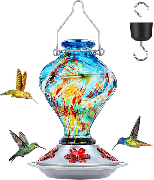 Hummingbird Feeder, BOLITE Glass Hummingbird Feeders for Outdoors Hanging, Hand Blown Twisted with Ant Moat and Five Feeding Ports, 24 Ounces, Leak Proof, Blue, Gifts for Women Men, Gifts for Mom Dad
