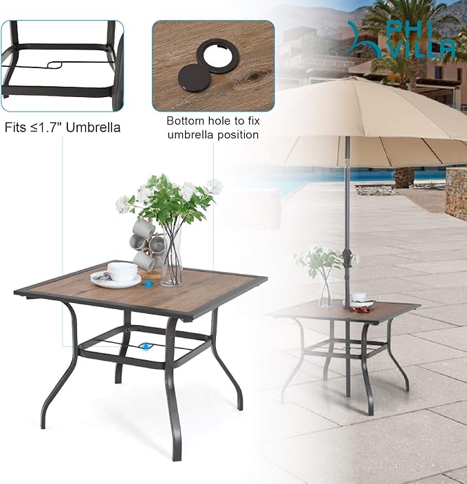 PHI VILLA Patio Dining Table 37“ x 37" Outdoor Dining Furniture Umbrella Table with 1.57" Umbrella Hole, Steel Frame with Premium PVC Table Top for Lawn Garden