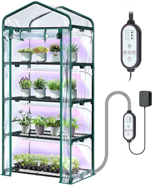 Indoor Greenhouse with Grow Light, Ohuhu 4-Tier Mini Green House for Winter - Full Spectrum Greenhouses for Seed Starting Small Portable Green Houses Waterproof PVC Cover & Adjustable Shelves