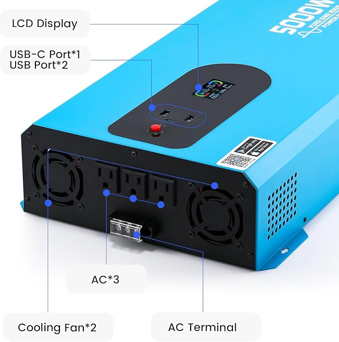 5000W Pure Sine Wave Inverter 12V DC to 110V/120V AC with WiFi Smart Control, Timer, LCD Display, 4 AC Outlets, USB Port & Terminal Block for RV, Truck, Off-Grid Camping