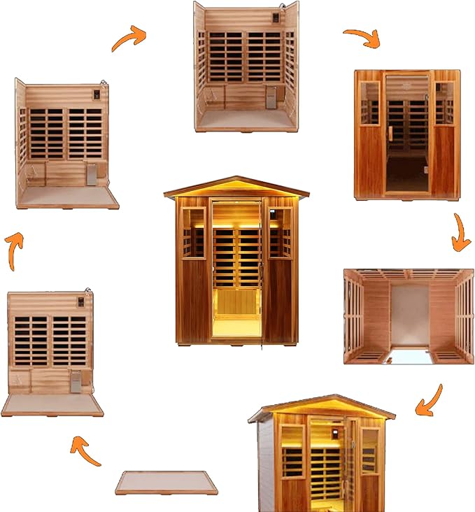 Red Cedar 4 Person Outdoor Ultra-Low EMF（0.5mg） Infrared Sauna, Multi-Person Home Sauna spa, 2160w,12 Heating Panels, LCD Control Panel, Bluetooth Speaker, Chromotherapy Lights, Reading lamp