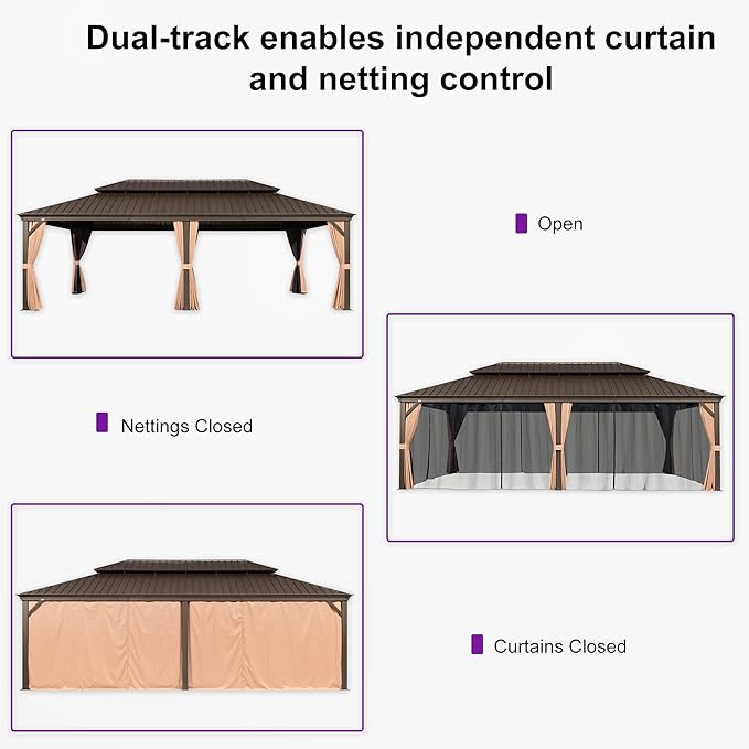 PURPLE LEAF 12' X 24' Outdoor Hardtop Gazebo Patio Wide Aluminum Frame Metal Double Roof with Heavy Duty Netting and Curtains for Permanent Hard Top Pavilion Screen, Khaki
