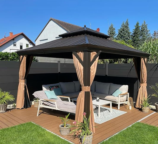 PURPLE LEAF 12' X 12' Outdoor Hardtop Gazebo Permanent Outside Heavy Duty Sun Shade Deck Canopy for Patio All Weather Aluminum Metal Roof Backyard Pavilion with Netting and Curtains