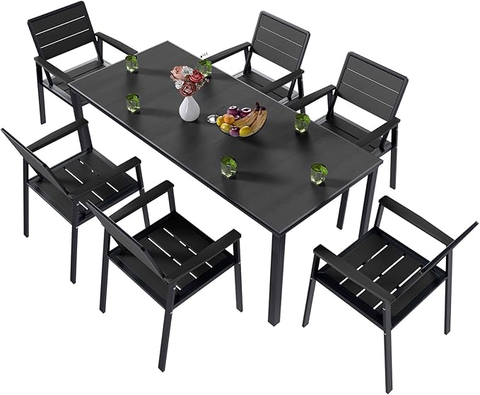 7-Piece Patio Dining Set with 11 FT Curvy Cantilever Umbrella, HDPE Tabletop & Aluminum Frame All-Weather Outdoor Furniture for Garden, Backyard, Poolside, Black