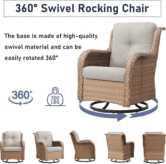 7 Pieces Patio Furniture Set with Fire Pit Table, Wicker Rattan Outdoor Furniture Set with Swivel Rocker Chairs for Yard, Deck, Garden, Yellow/Beige