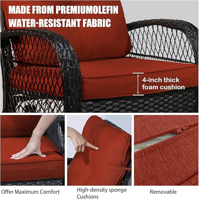 Patio Furniture Set Swivel Rocker, Outdoor Patio Chairs, 3 Piece Suit Porch Furniture Rocking Set, Backyard Rocker Rattan Chair, with Thickened Cushions and Glass Coffee Table(Wine Red)