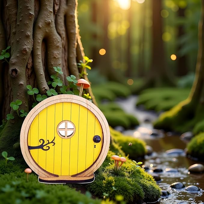 Yellow Fairy Garden Door for Tree, Fairys Doors for Trees Outdoor and Tree Trunk,Mini Fairy Garden Sculpture Lawn Ornament Decor, Fairytales Door Decoration,Gardens Miniatures,Buildings