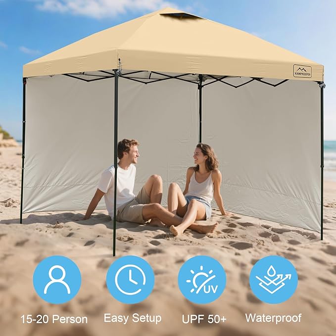 KAMPKEEPER 10x10 Easy Pop Up Canopy Tent with Sidewalls, Instant Outdoor Shade Shelter with Removable 10FT Sun Walls, Quick Setup Waterproof and UV-Resistant for Patio (Khaki, 2 sidewall)