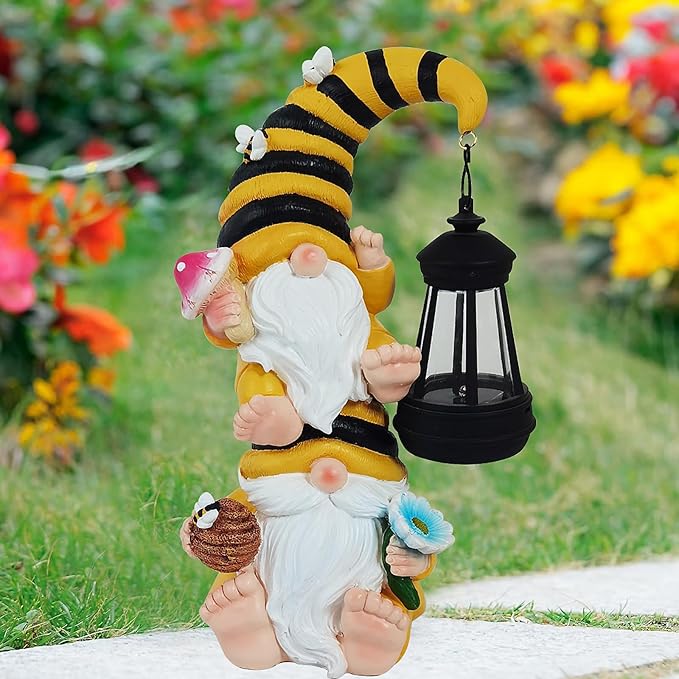 Garden Gnomes Outdoor Statue Solar Bee Garden Gnomes with Led Lantern Outdoor Decor for Yard,Patio,Lawn,Gnome Gifts for Women,Mom,Gnomes Decorations for Yard
