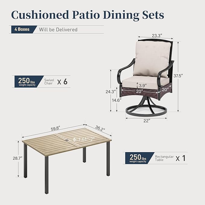 7 Piece Patio Dining Sets for 6, Outdoor Table and Chairs with Cushioned Wicker Swivel Patio Chairs & Wood-Like Dining Table (1.61-2”Umbrella Hole), Outdoor Dining Sets for Backyard