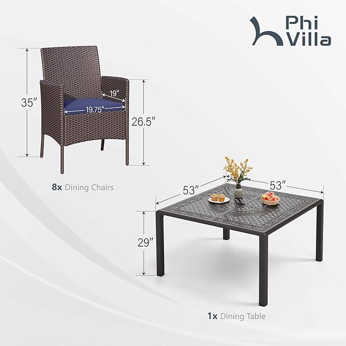PHI VILLA 9-Piece Cast Aluminum Outdoor Dining Set for 8, Square Metal Dining Table with Umbrella Hole & Cushioned Wicker Rattan Chairs
