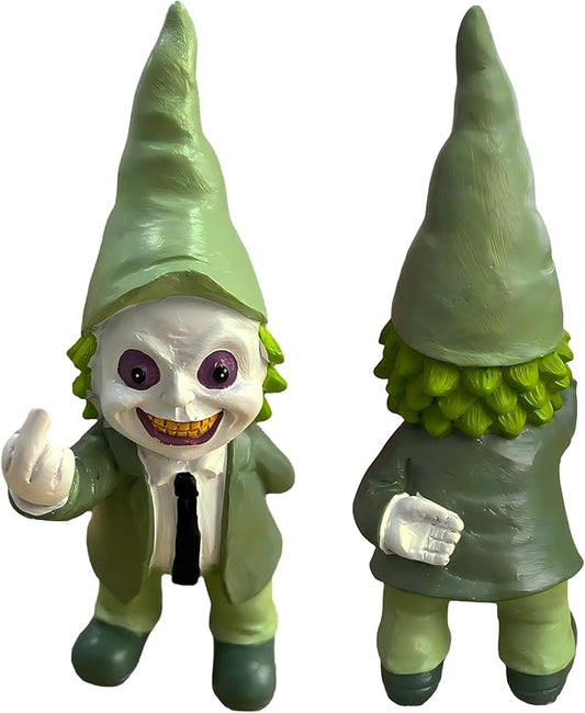 Halloween Decor Funny Garden Gnomes, Middle Finger Gifts Statue Horror Movie Gnome Creepy Outdoor Decor for Haunted House Lawn Table Decoration (5.5in, Green)