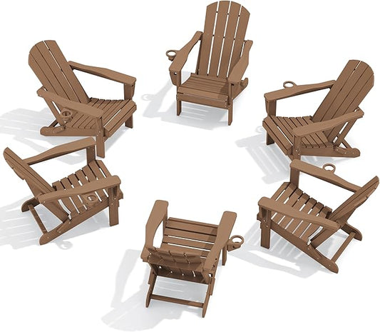 SERWALL Folding Adirondack Chair Set of 6, Reclining Adirondack Chair with 3 Recline Positions, All Weather HDPE Outdoor Adirondack, Brown