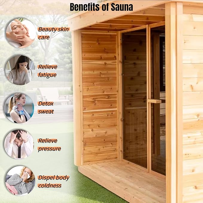 ZONEMEL Outdoor Red Cedar Steam Sauna for 8 Person, Modern Square with Porch, Full-Glass Front, 8KW ETL Harvia Heater, LED Lighting, Waterproof Roof, Double Bench, Complete Accessories