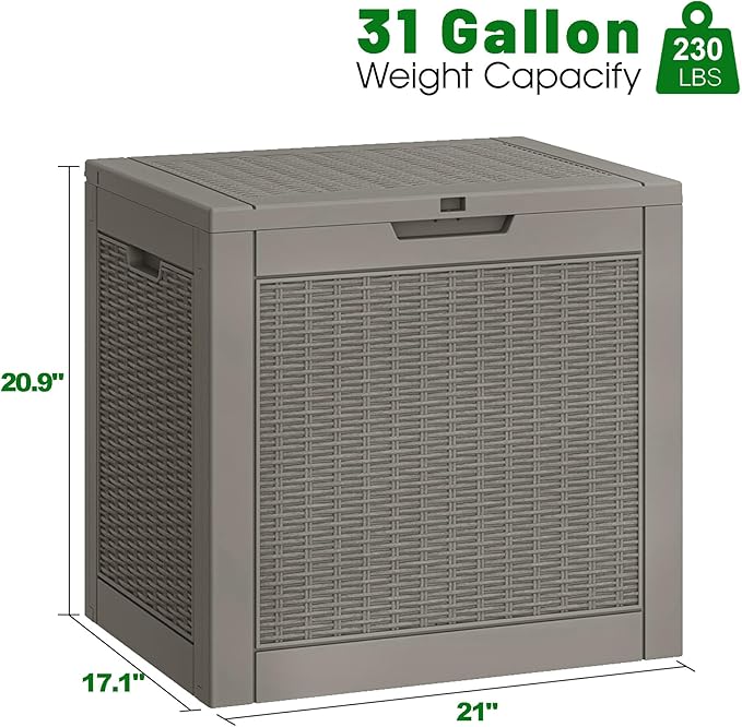 Outdoor Storage Box, 31 Gallon Deck Box, Large Resin Storage Cabinet for Gardening Tools, Patio Pillow, Lockable, Waterproof and UV Resistant