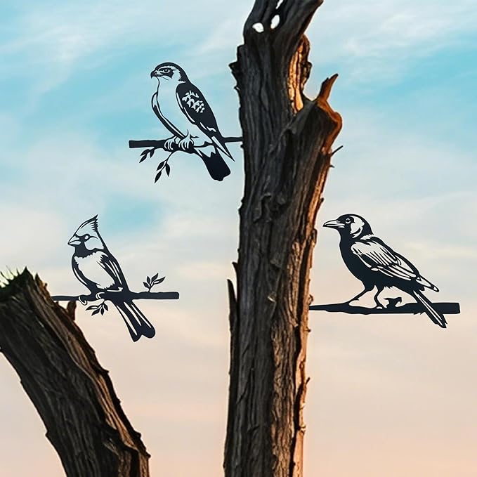 3pcs Black Metal Art Bird Ornaments for PatioTree, Country Farmhouse Style Outdoor Art, Metal Yard Art Outdoor and Garden Decorations,(Includes Cardinal & Raven & Hawk)