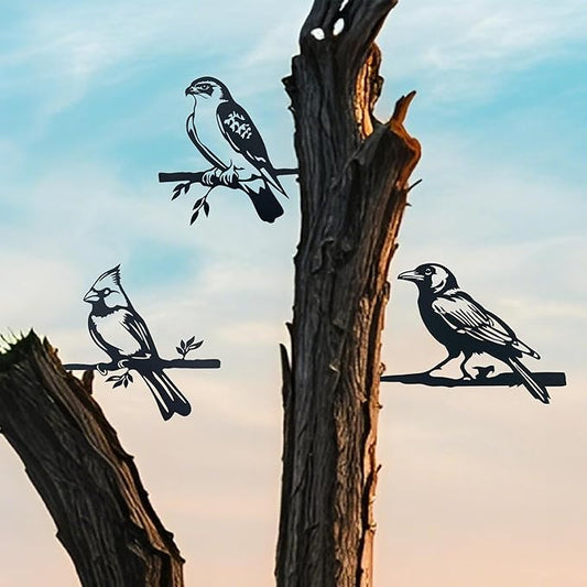 3pcs Black Metal Art Bird Ornaments for PatioTree, Country Farmhouse Style Outdoor Art, Metal Yard Art Outdoor and Garden Decorations,(Includes Cardinal & Raven & Hawk)