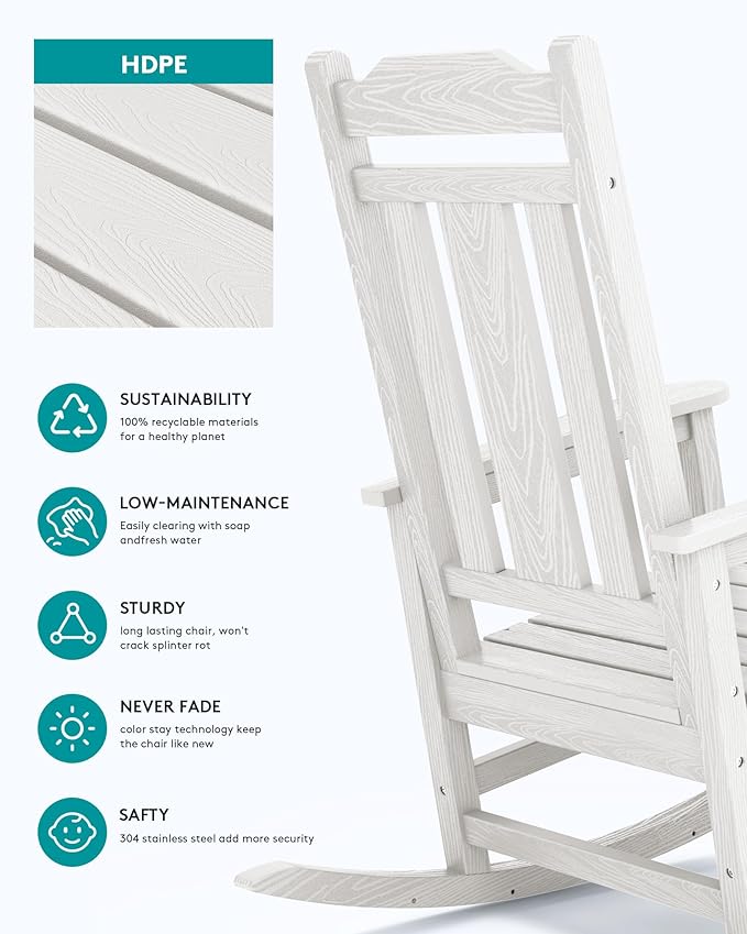 SERWALL White Outdoor Rocking Chair Set of 2, HDPE Outdoor Rocker