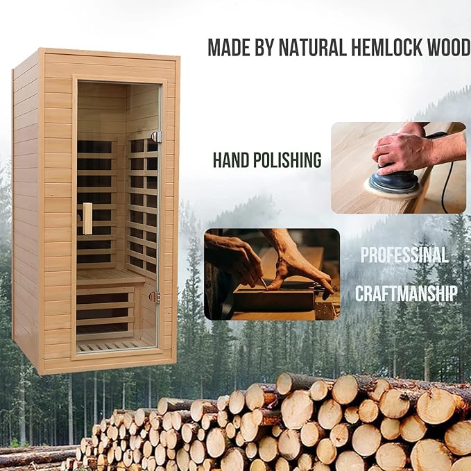 1 Person Infrared Sauna, Home Sauna, Hemlock Wood Far Infrared Sauna, 1,200watt, Low EMF FAR Infrared with Bluetooth, LCD, LED Lights, for Home Indoor