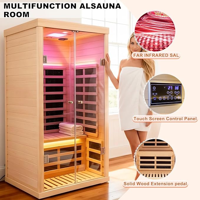 Indoor Infrared Sauna, 1 Person Hemlock Wood Low EMF Far Infrared Saunas, Personal Sauna Room Box with APP Control, Glass Door, Blue-Tooth, LCD, LED Reading Light, 7-Color Light Therapy
