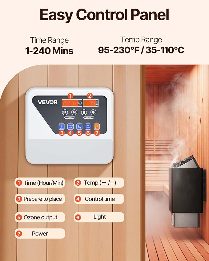 VEVOR Sauna Heater, 9KW 220V Electric Sauna Stove, Steam Bath Sauna Heater with External Digital Controller, 3h Timer & Adjustable Temp for Max. 317-459 Cubic Feet, Home Hotel Spa Shower FCC Certify
