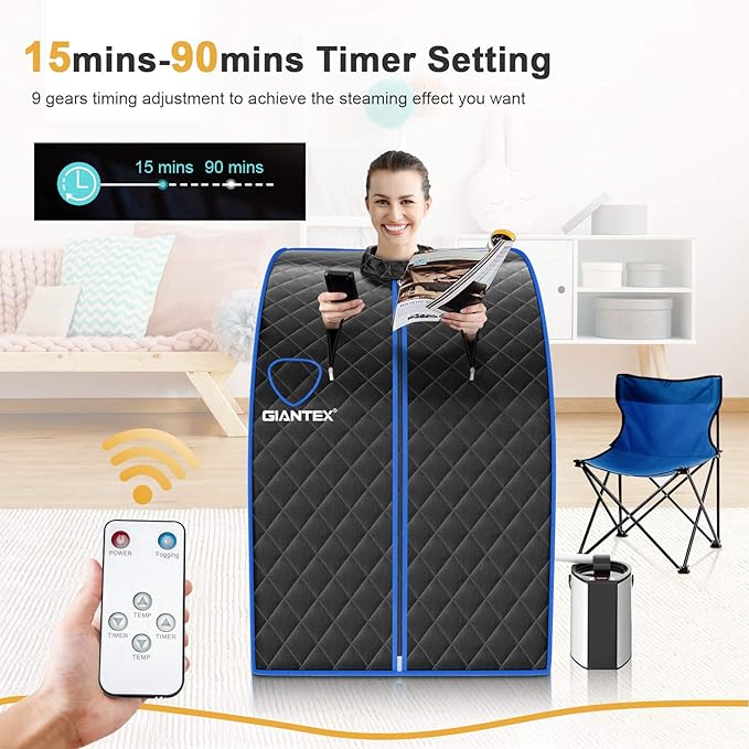 Giantex Portable Steam Sauna, Personal Therapeutic Sauna for Detox, Temperature & Timer Adjustable, 800W Sauna Box Spa w/Chair, 3L Steamer,Massage Roller,Mat,Remote Control, Home Sauna Tent (Black)