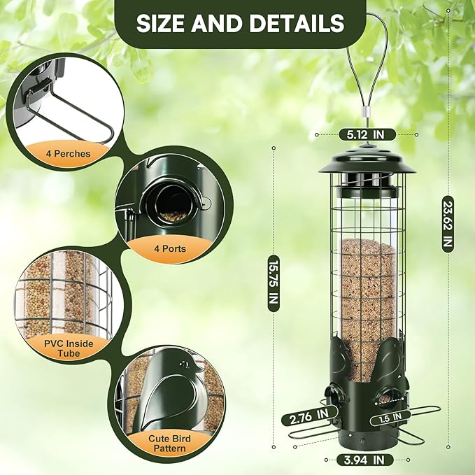 Squirrel Proof Bird Feeder,Outdoors Hanging Gravity Protection Squirrel-Proof Mesh Metal Bird Feeders,Easy Cleaning,3LB Capacity Outside Wild Birdfeeders with Finch Cardinal Chickadee-Green
