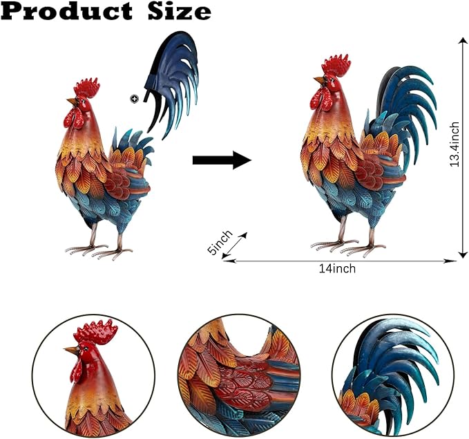 Kircust Metal Rooster Yard Art Statue, Chicken Garden Animals Sculpture Lawn Ornament Figurines Artwork for Outdoor, Patio, Backyard and Home Kitchen Decoration