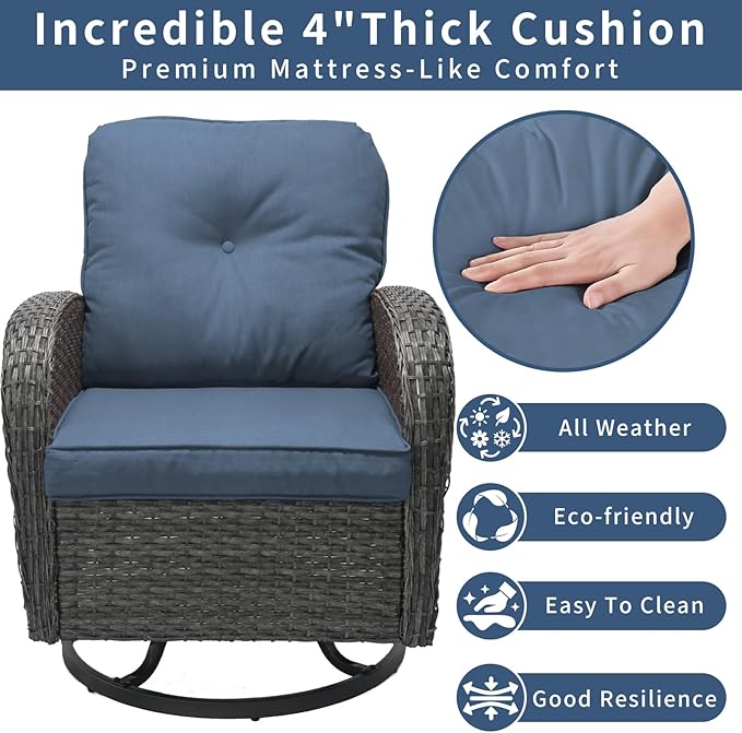 3 Pieces Patio Furniture Set, Outdoor Swivel Rocking Chair Set of 2 with Side Table - 360° Swivel, Thick Cushions, All-Weather Bistro Set for Deck, Porch, Pool(Navy, Grey Full-Weave Rattan)