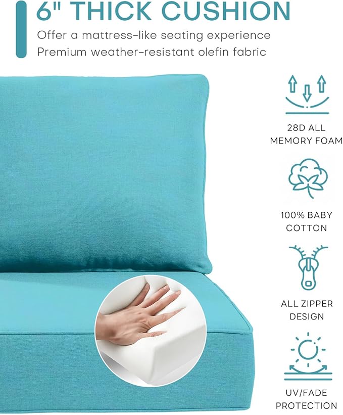 Luxury 24x24x6 Inch Outdoor Seat Cushions - Set of 2 Water Resistant Patio Chair Cushion for Porch Set Rattan Dining Rocker Glider Chairs Loveseat Couch Sectional Sofa - Turquoise