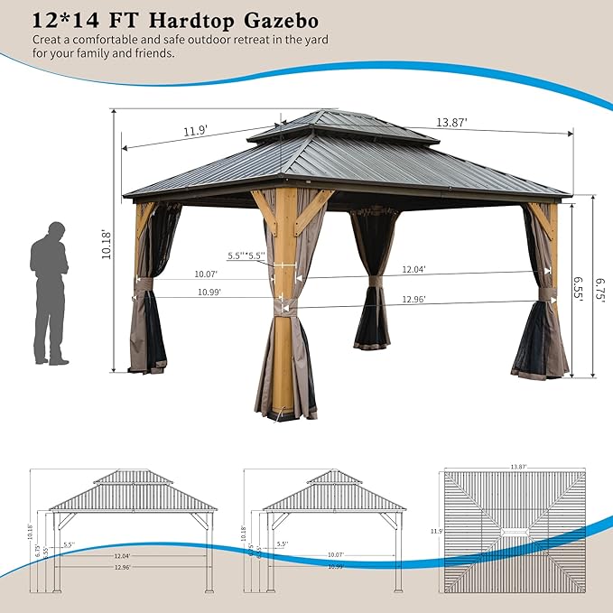 Domi Hardtop Gazebo 12’x14’ Cedar Frame Wood Gazebo with Galvanized Steel Double Roof, Outdoor Permanent Metal Gazebo with Curtains and Netting for Patio,Deck,Backyard