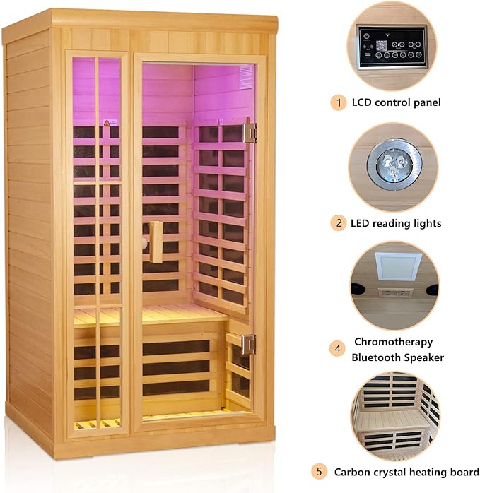 1-2 Person Infrared Sauna, Hemlock Wood Low EMF Far Infrared Saunas for Home, 1350watt Indoor Personal Sauna Room Box with APP Control, Glass Door, Blue-Tooth, LCD, LED Reading Light