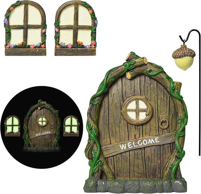 Resin Fairy Door and Window with Lantern for Trees,Glow in The Dark,Miniature Fairy Garden Accessories,Garden Outdoor Decorations for Trees,Gnomes House,Elf House
