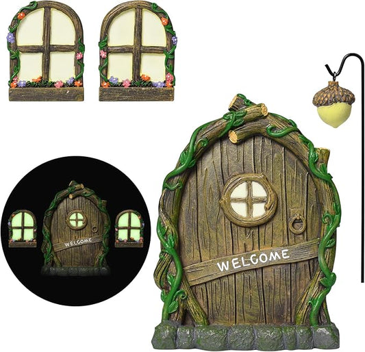 Resin Fairy Door and Window with Lantern for Trees,Glow in The Dark,Miniature Fairy Garden Accessories,Garden Outdoor Decorations for Trees,Gnomes House,Elf House